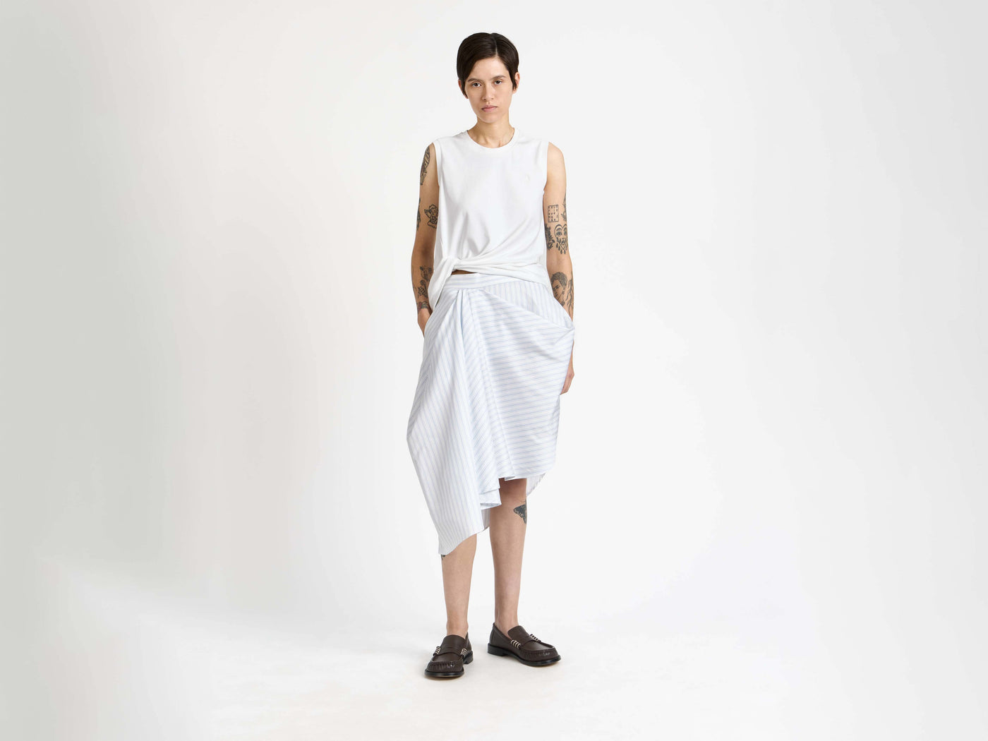 asymmetric draped skirt white blue Model Front 5