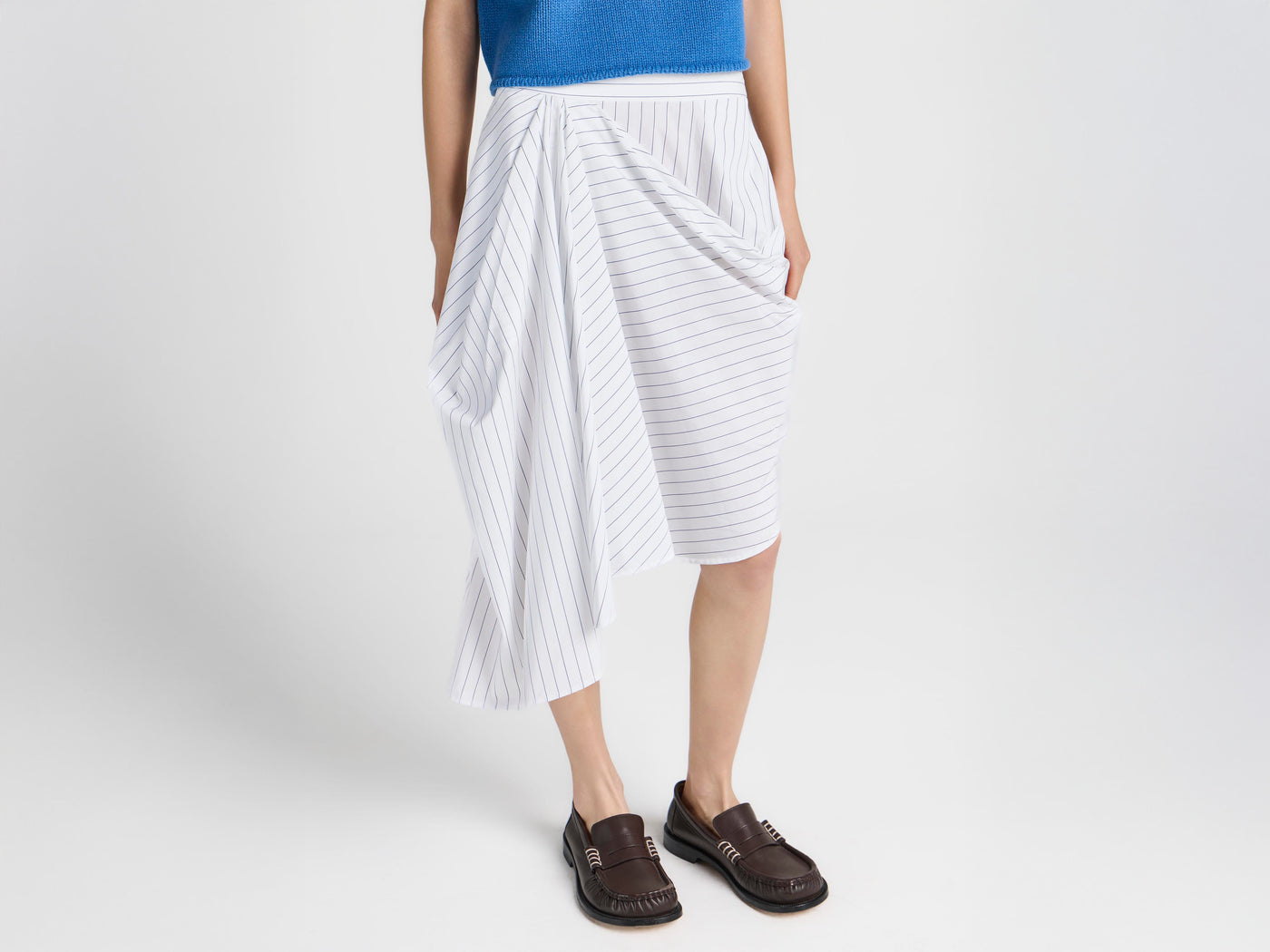 WOMENS ASYMMETRIC DRAPED SKIRT IN WHITE & BLUE