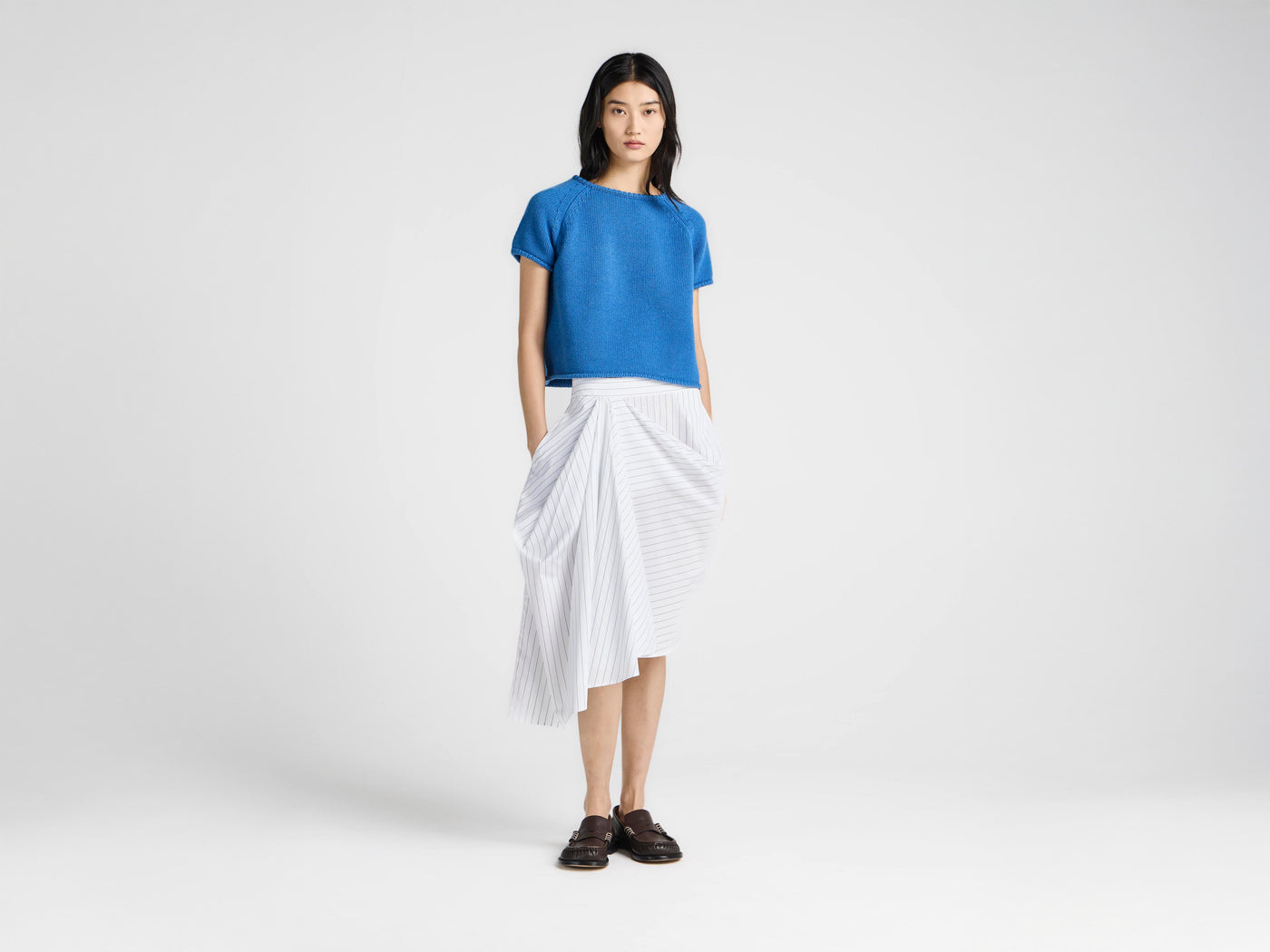WOMENS ASYMMETRIC DRAPED SKIRT IN WHITE & BLUE