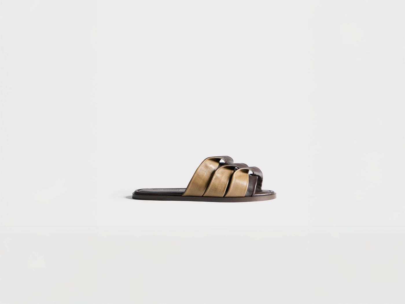 WOMENS CONTRASTING LEATHER COIL SLIDE IN BROWN & CHESTNUT