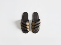 WOMENS CONTRASTING LEATHER COIL SLIDE IN BROWN & CHESTNUT