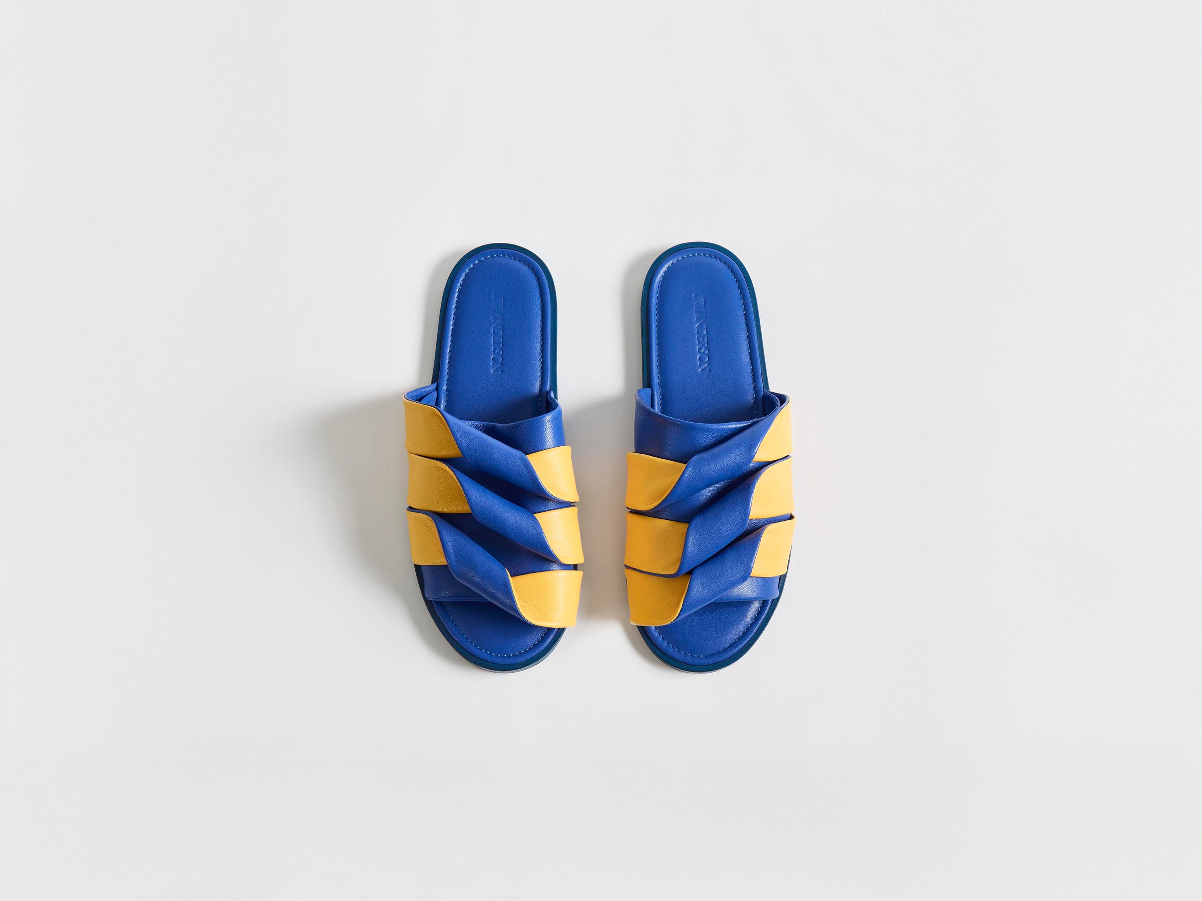 WOMENS CONTRASTING LEATHER COIL SLIDE IN BLUE & YELLOW