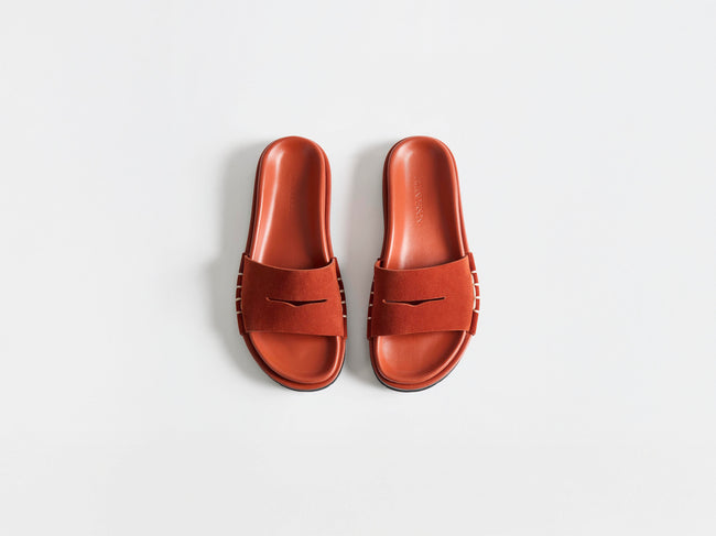 WOMENS FUSSBETT LOAFER SUEDE SLIDES IN RUST