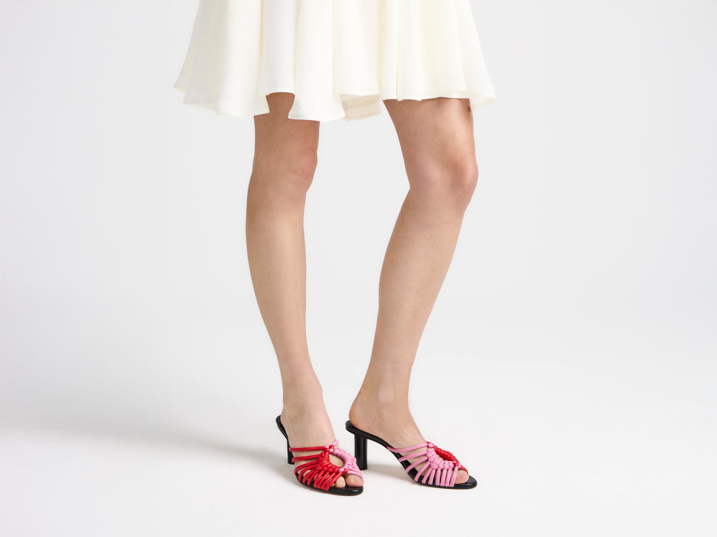 WOMENS WOVEN HEELED LEATHER PLOT SANDAL IN RED & BUBBLEGUM PINK