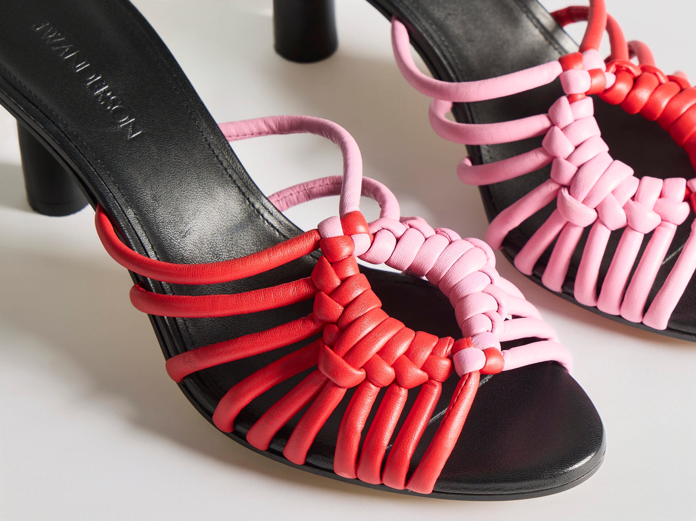 WOMENS WOVEN HEELED LEATHER PLOT SANDAL IN RED & BUBBLEGUM PINK