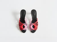 WOMENS WOVEN HEELED LEATHER PLOT SANDAL IN RED & BUBBLEGUM PINK