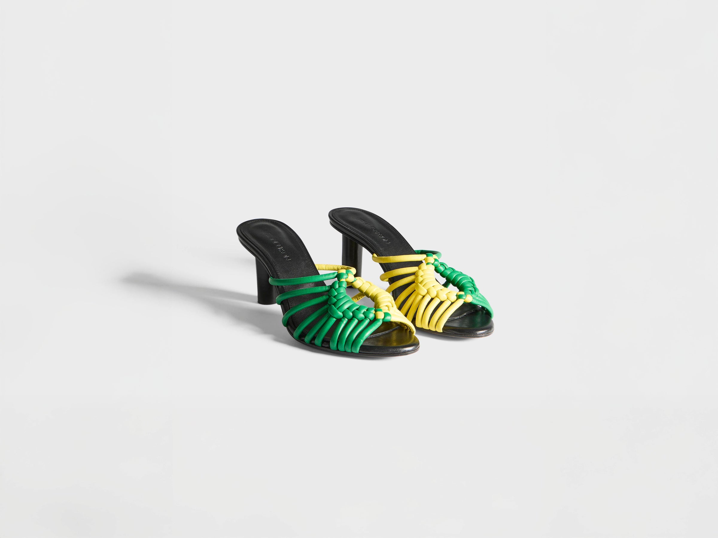 WOMENS WOVEN HEELED LEATHER PLOT SANDAL IN BRIGHT GREEN & YELLOW
