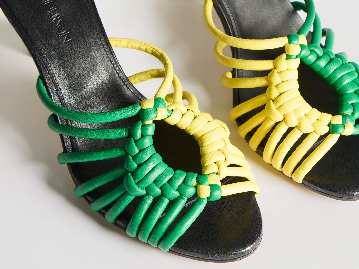 WOMENS WOVEN HEELED LEATHER PLOT SANDAL IN BRIGHT GREEN & YELLOW