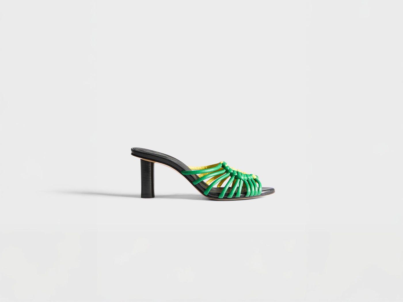 WOMENS WOVEN HEELED LEATHER PLOT SANDAL IN BRIGHT GREEN & YELLOW