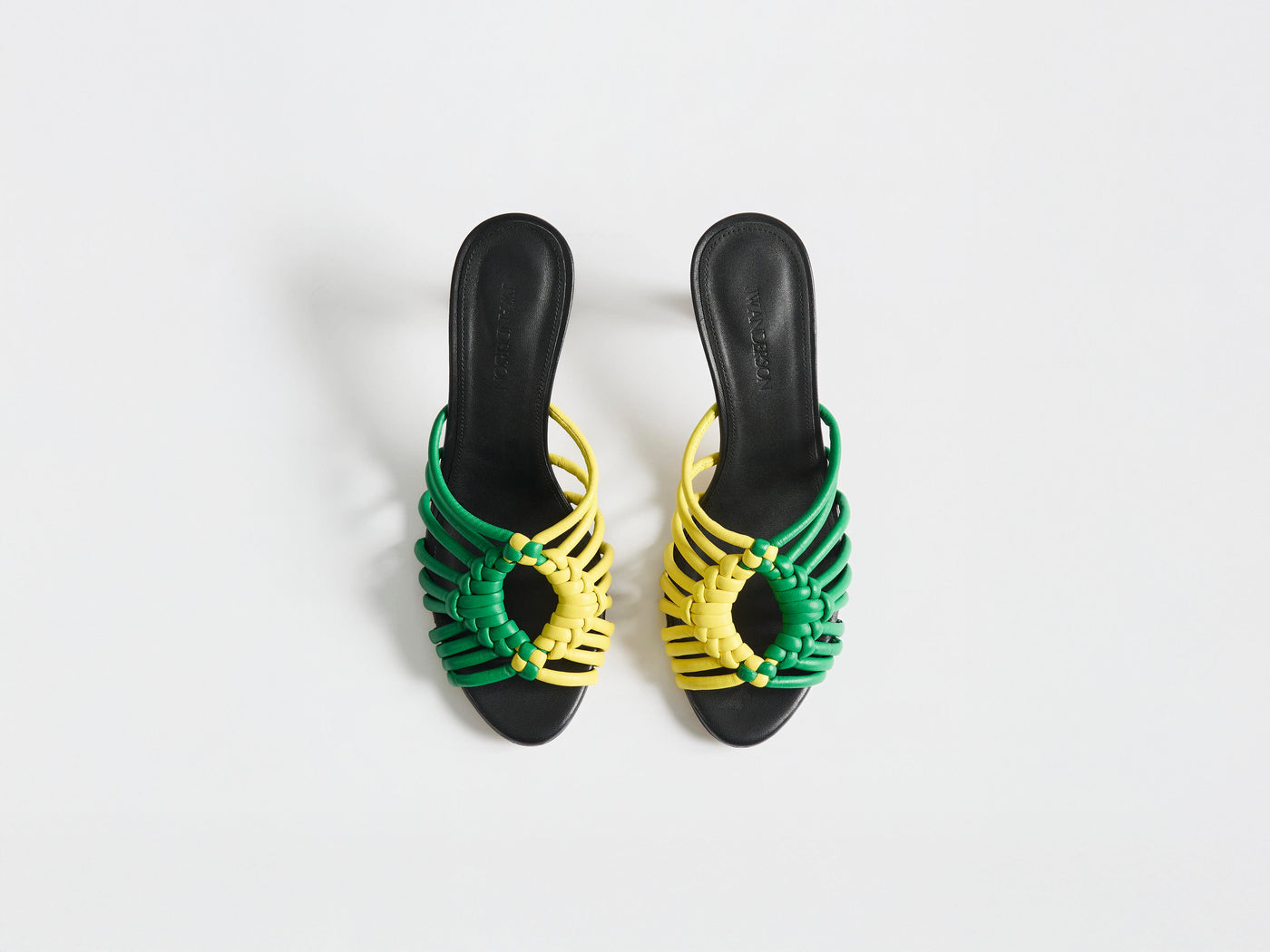 WOMENS WOVEN HEELED LEATHER PLOT SANDAL IN BRIGHT GREEN & YELLOW