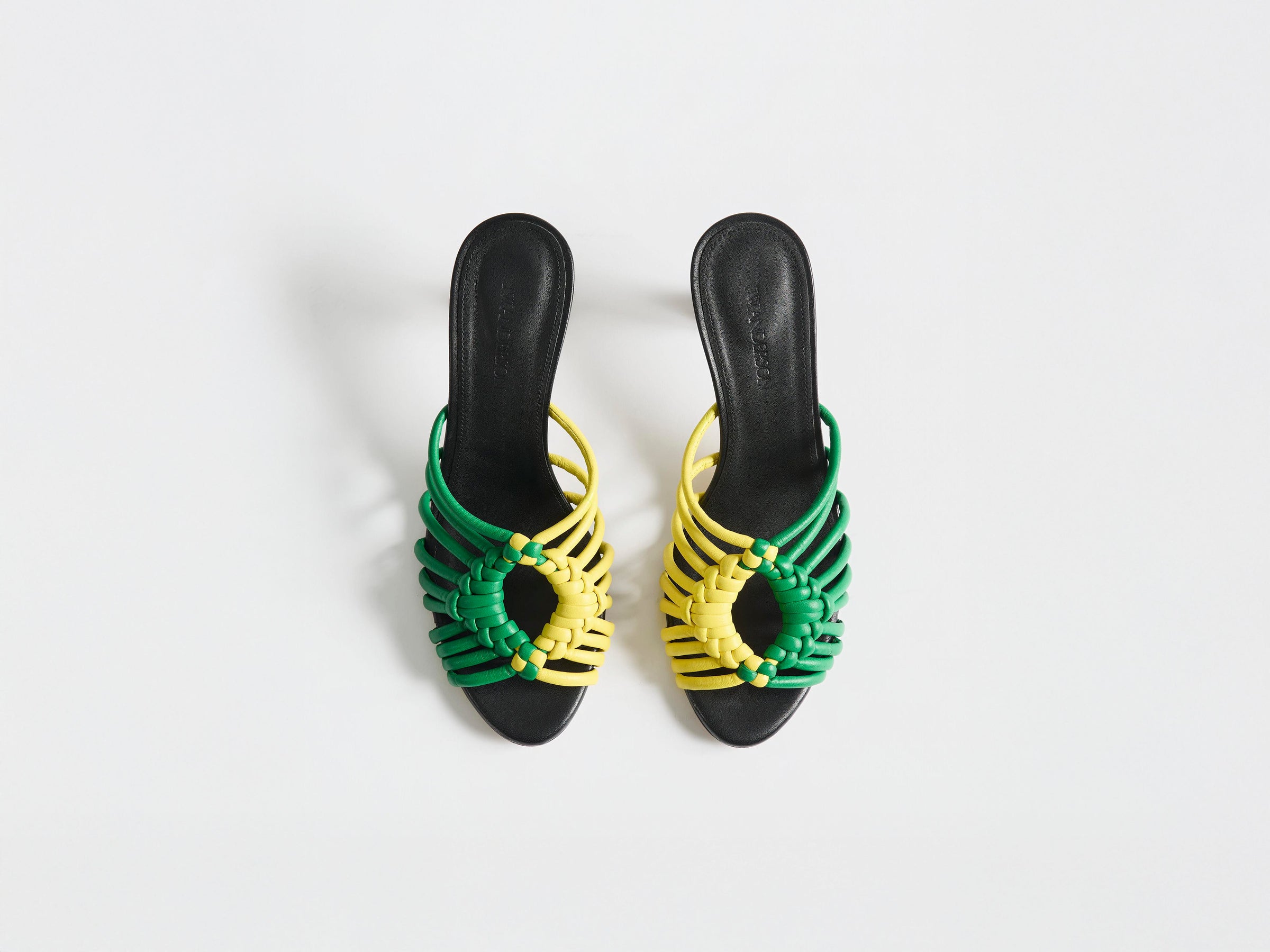 WOMENS WOVEN HEELED LEATHER PLOT SANDAL IN BRIGHT GREEN & YELLOW