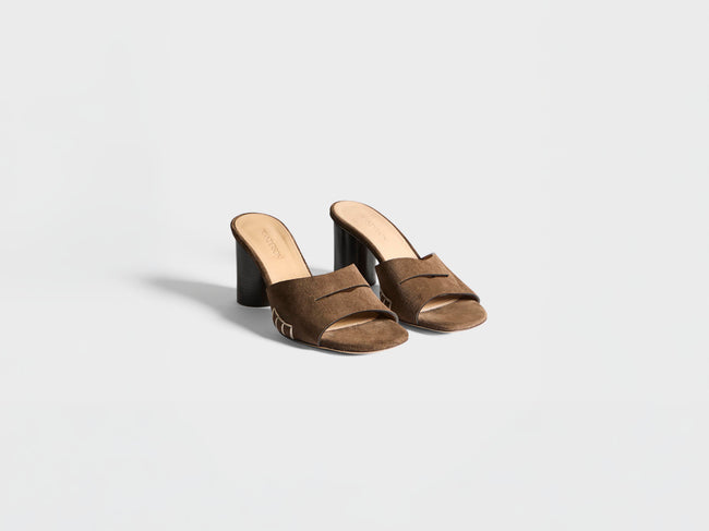 WOMENS LOAFER MULE HEELED SANDAL IN BROWN