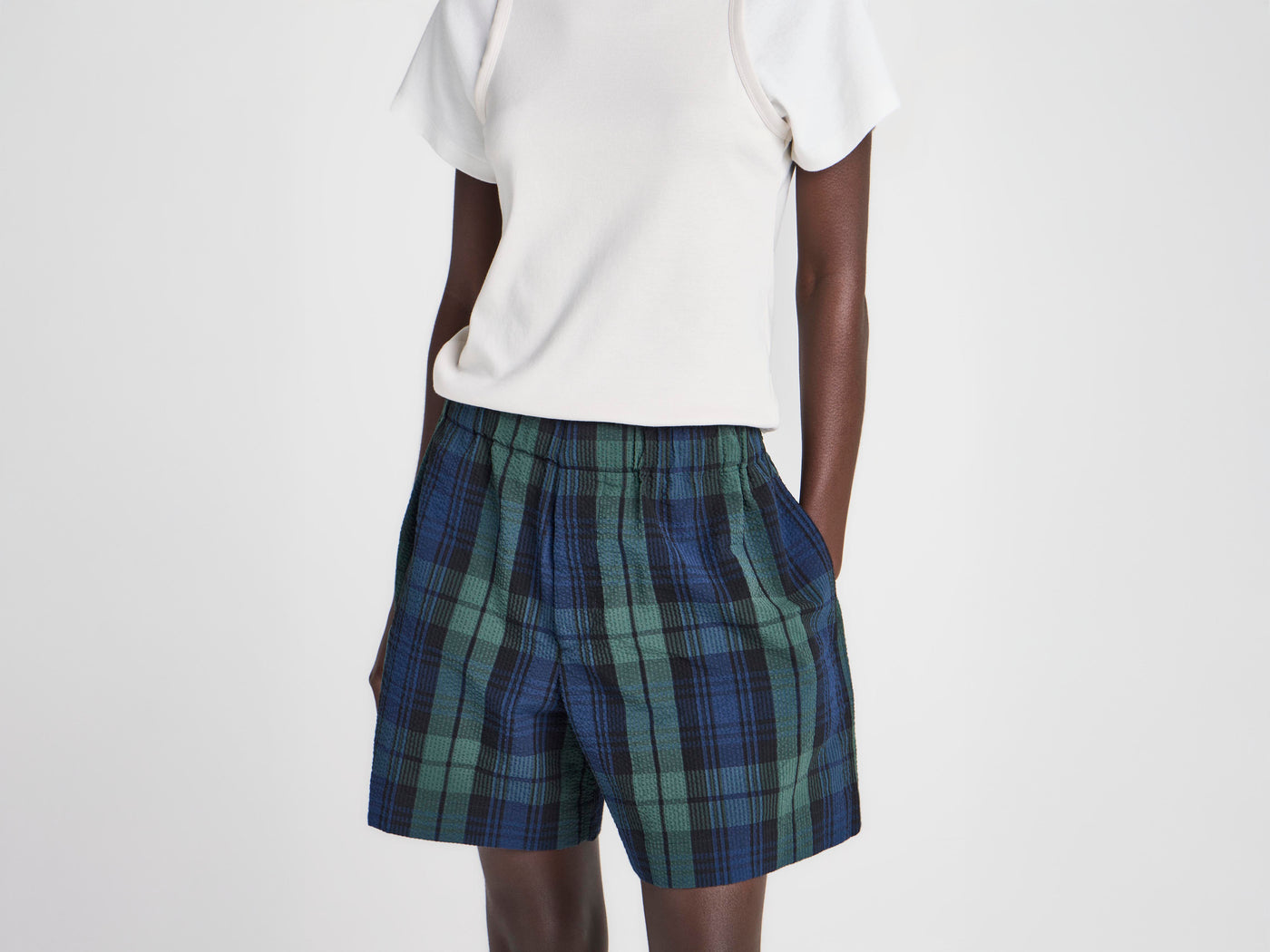 WOMENS CHECKERED SHORTS IN NAVY & GREEN