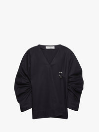 CL_GATHERED SLEEVE V NECK TOP - NAVY_TP0348PG1713