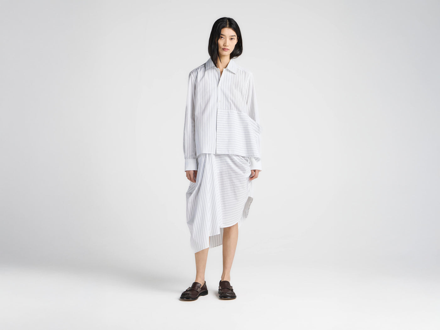 WOMENS ASYMMETRIC DRAPED SHIRT IN WHITE & BLUE