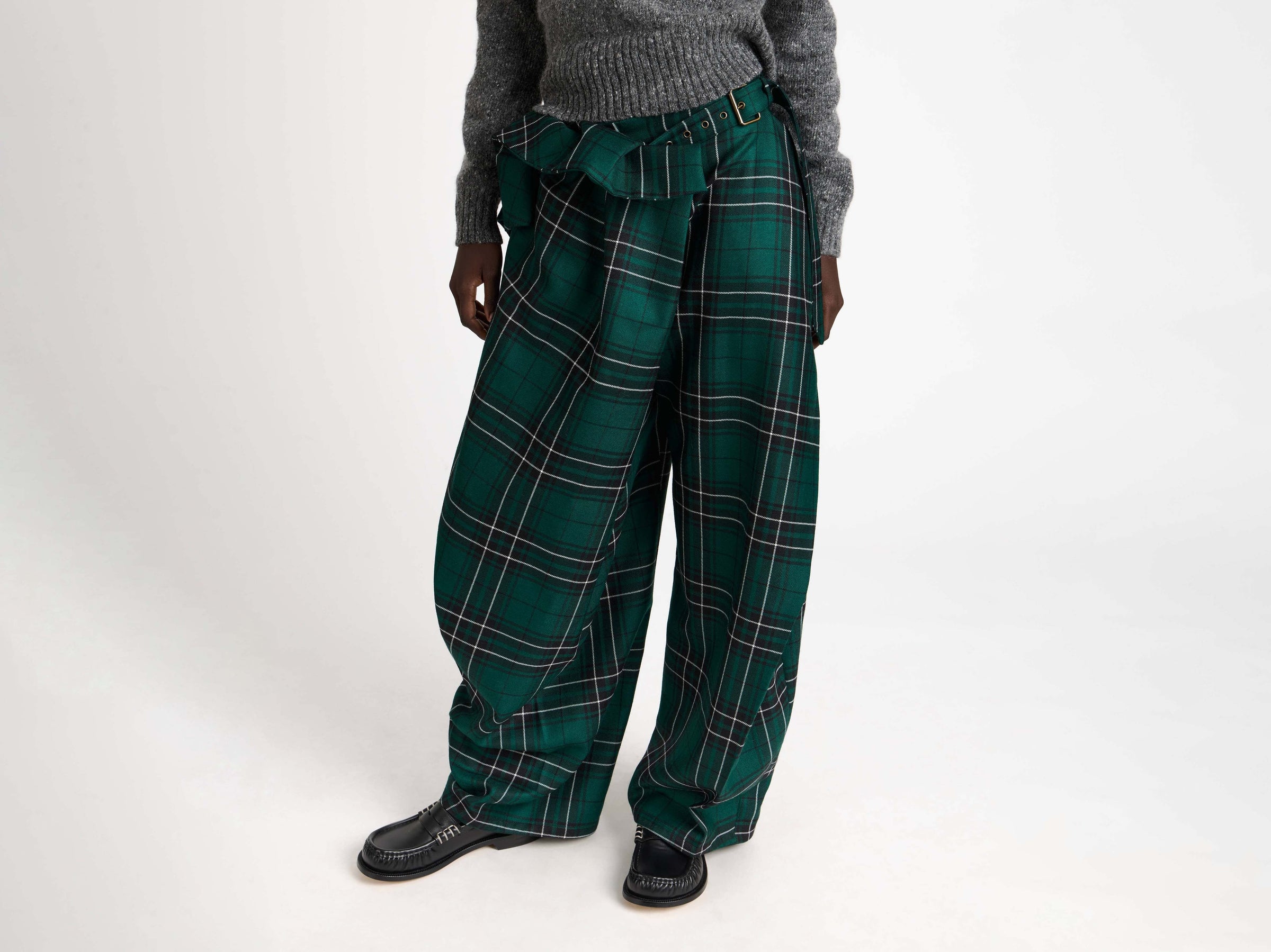 FOLD OVER TROUSERS IN FOREST GREEN TARTAN