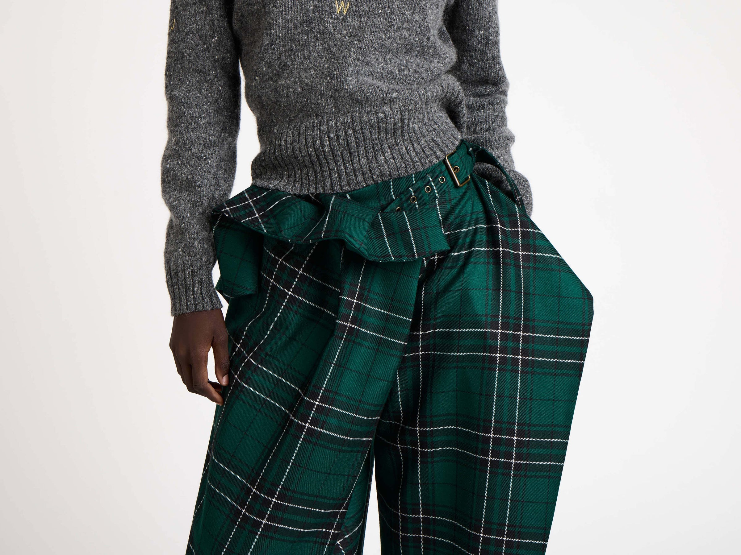 FOLD OVER TROUSERS IN FOREST GREEN TARTAN