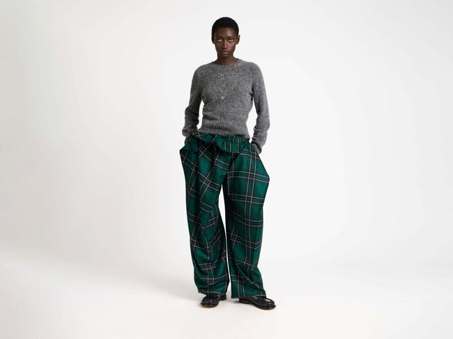 FOLD OVER TROUSERS IN FOREST GREEN TARTAN